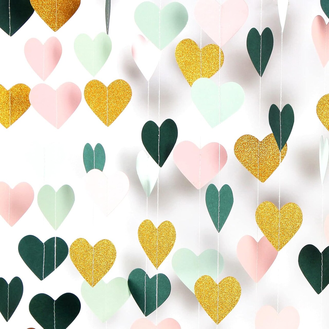 52 ft Sage Green, Mint & Pink-Gold Love Heart Garland – Wedding & Party Banner